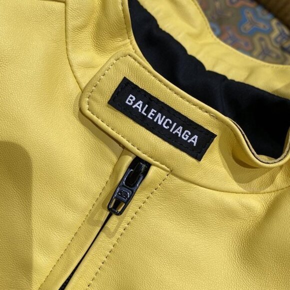 Balenciaga Racer Oversized Distressed Panelled Leather Jacket – Signal Yellow - Picture 5 of 9